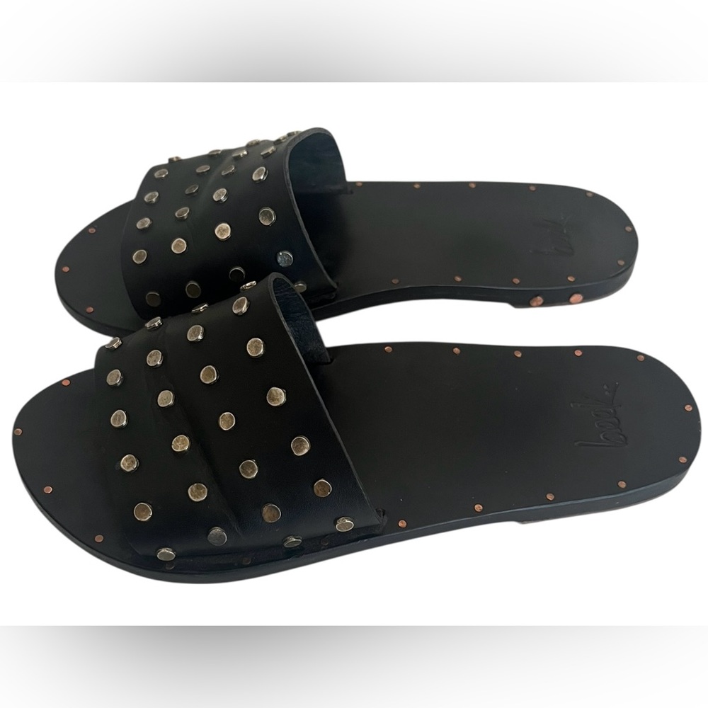 beek Lovebird Studded Slide Sandals Black Leather  Flat Comfort Slip On Womens 7